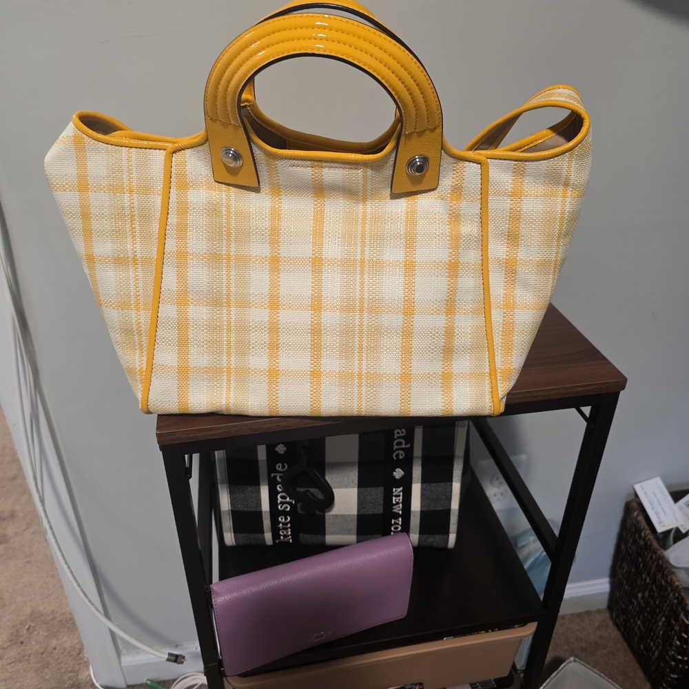 TORY BURCH Yellow and Cream Checkered Tote Bag